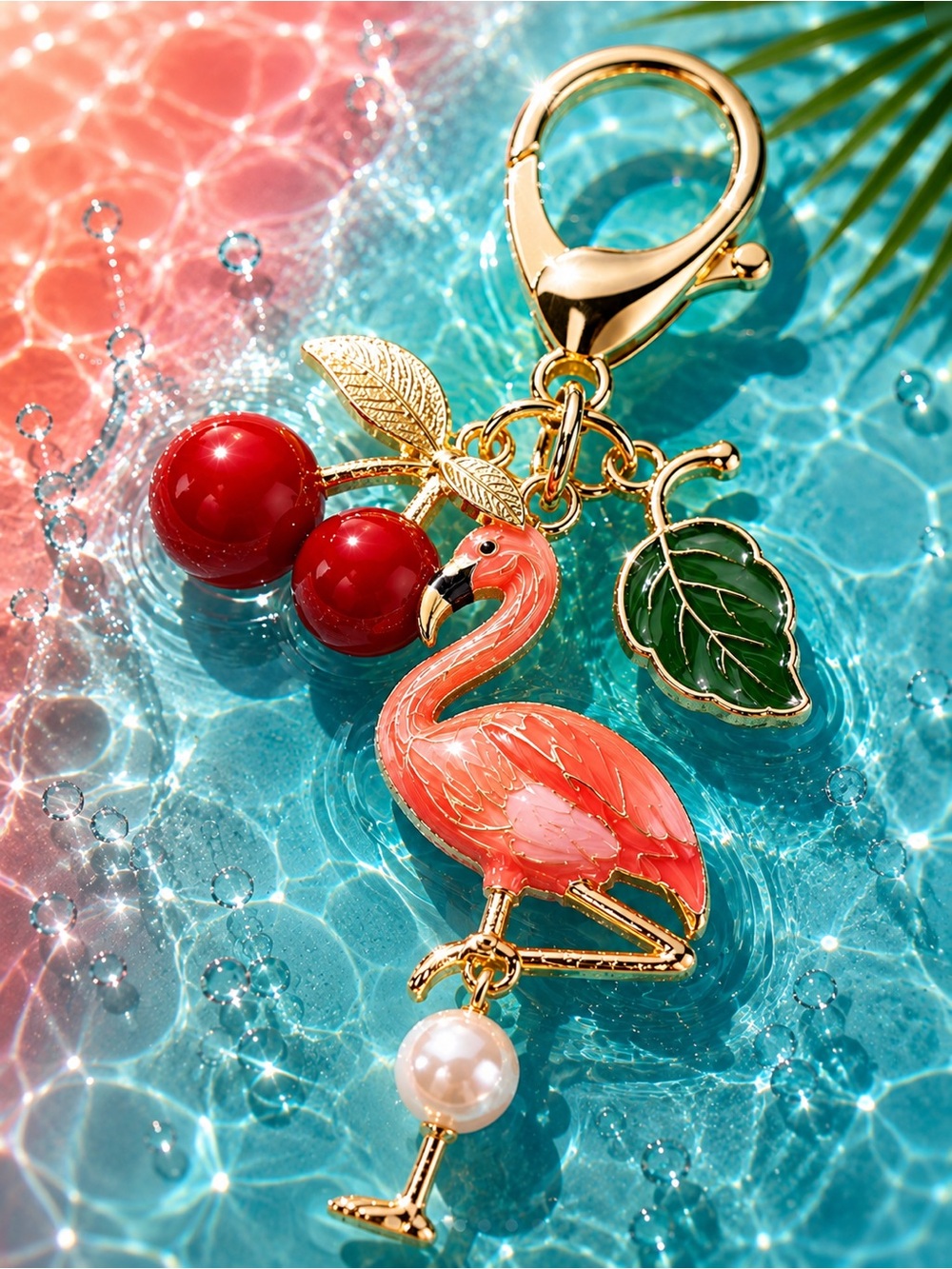 🍒 Flamingo w/cherries pearl bag charm and key chain